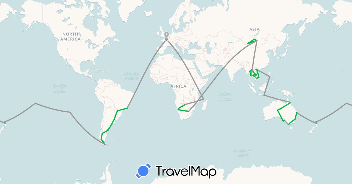 TravelMap itinerary: driving, bus, plane in Argentina, Australia, Brazil, Botswana, Chile, France, Indonesia, Cambodia, Laos, Mongolia, Namibia, New Zealand, French Polynesia, Philippines, Thailand, Vietnam, Mayotte, South Africa (Africa, Asia, Europe, Oceania, South America)